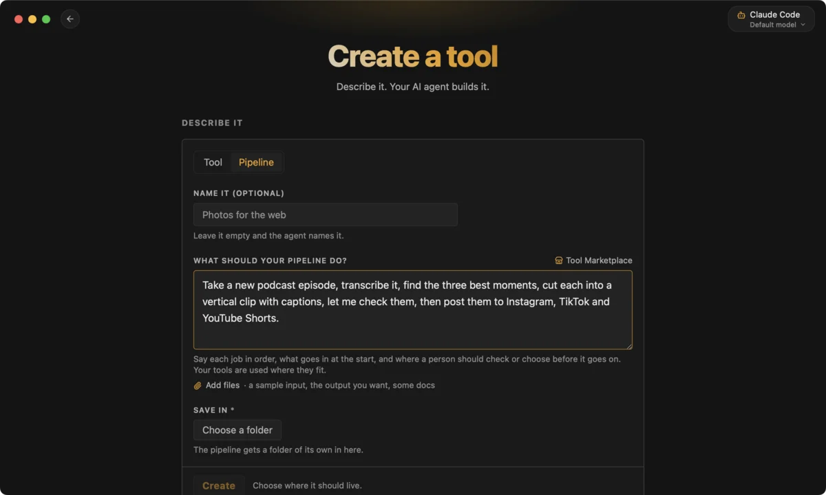 Creating a pipeline in CLIDE: describing an automation to your AI agent.