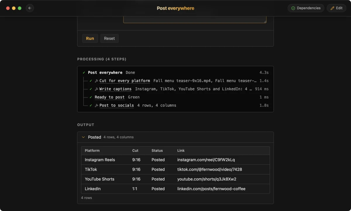 A pipeline in CLIDE: Post everywhere, a video cut for each platform, captioned, checked and posted to four.