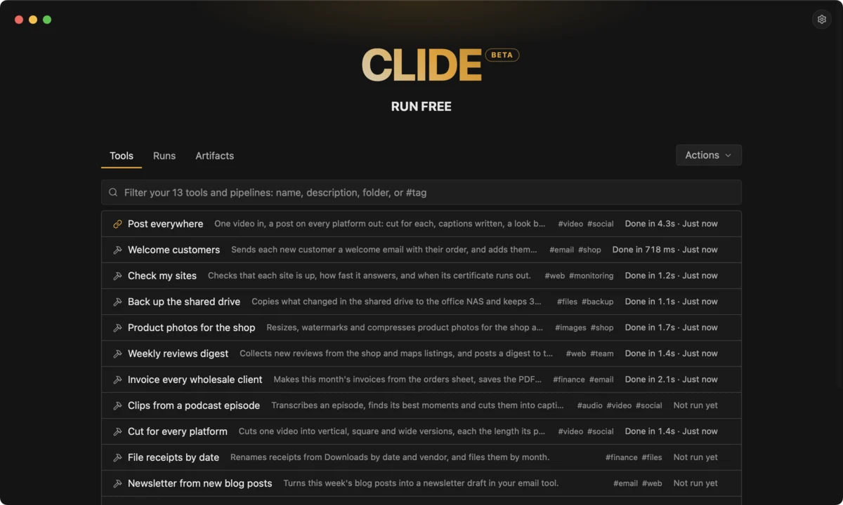 CLIDE's Start screen: a coffee shop's automations, from invoices to backups, with their last runs.